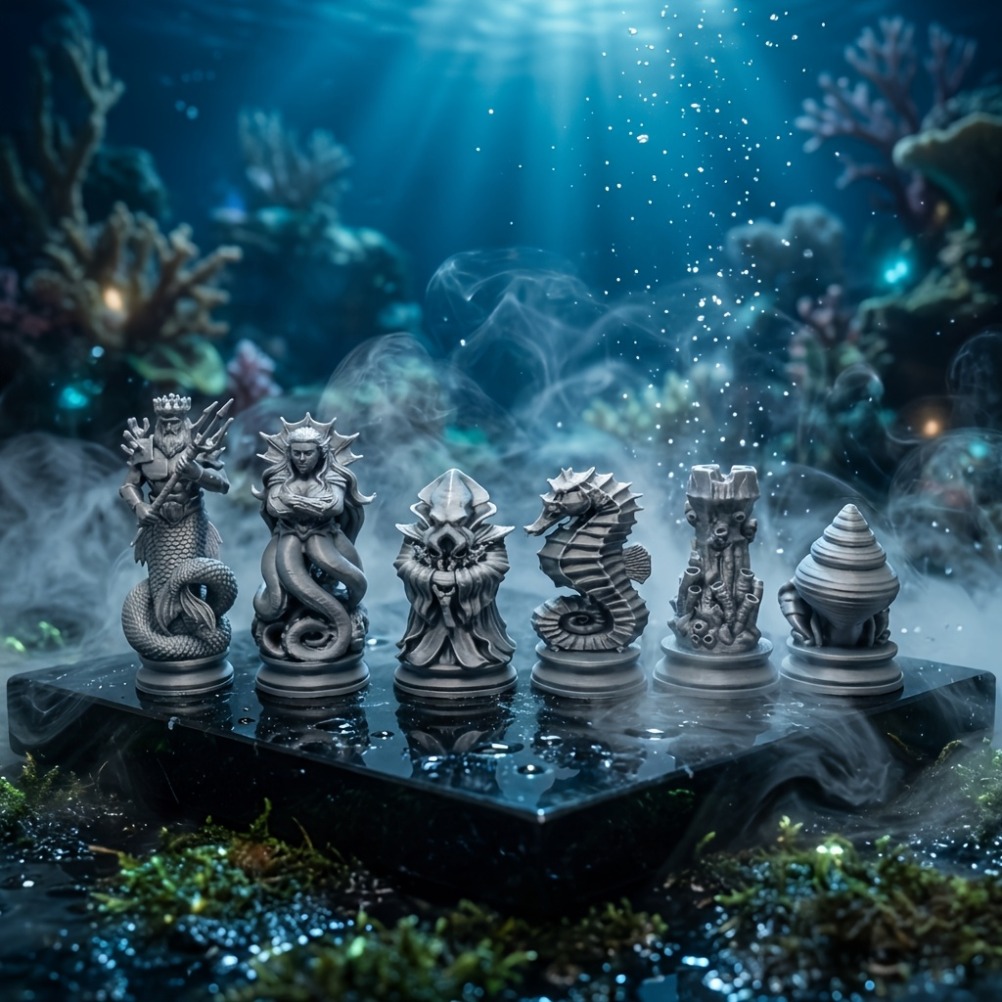 3D Printing Chess - 16-teiliges Ozean-Mythos Schachfiguren-Set, 3D-gedruckt, Tiefsee-Thema, Korallenskulptur,